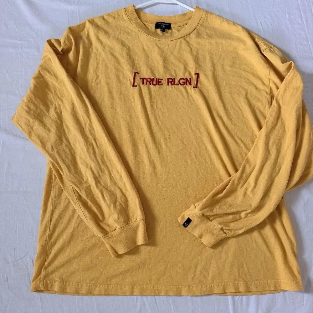 True Religion XL Long Sleeve T Shirt Yellow Embroidered Logo USA Made Cotton Y2K